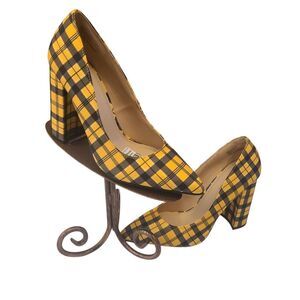 Just Fab Heels Bold Chunky Plaid Mustard Yellow 4" Heels‎ Pointed Toes Size 7.5